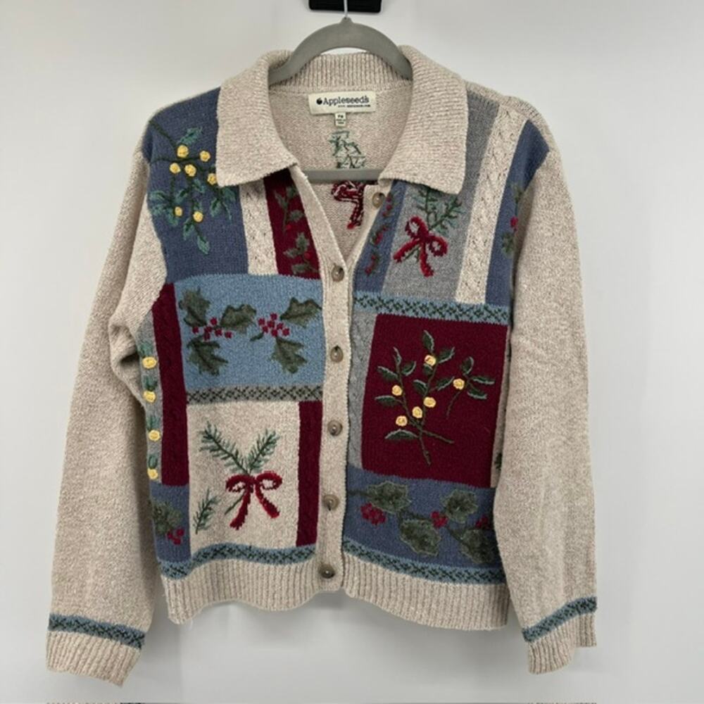 VTG Appleseeds Collared Cardigan Sweater Womens M-P Embroidered Winter Cottage